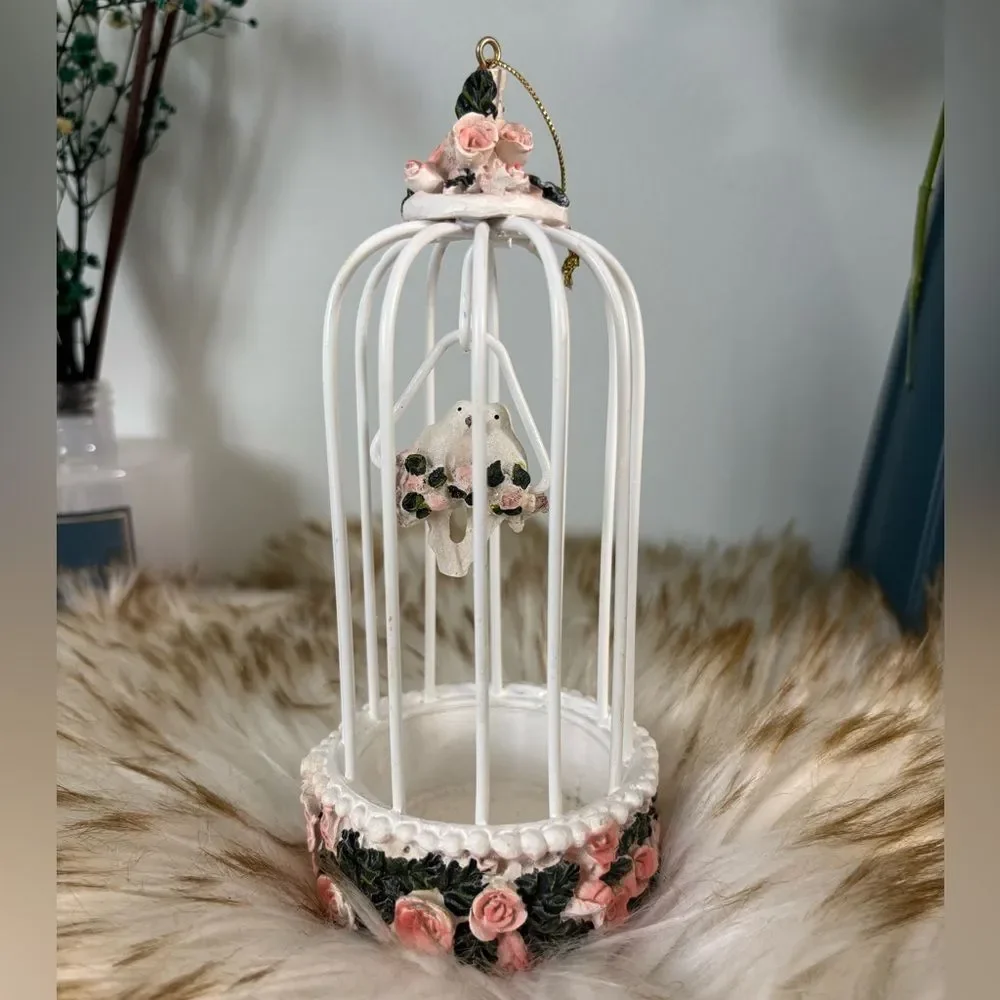 Shabby Chick White Pink Floral Cage That Hangs with 2 Lovebirds